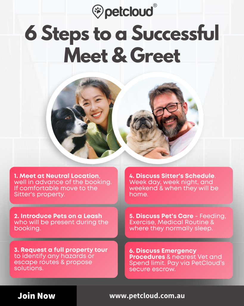 How to have a meet and greet with a Pet Sitter on PetCloud.A flyer titled "6 Steps to a Successful Meet & Greet" from PetCloud shows how to have a Meet and Greet with a Pet Sitter, featuring photos of a woman with a dog and a man with a cat. Key steps are listed in pink and white boxes.