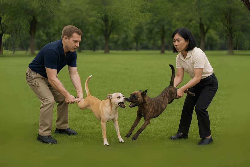 Two people demonstrate the wheelbarrow method by holding their dogs back legs in the air and walking backwards. This is one method that shows how to break up a dog fight safely